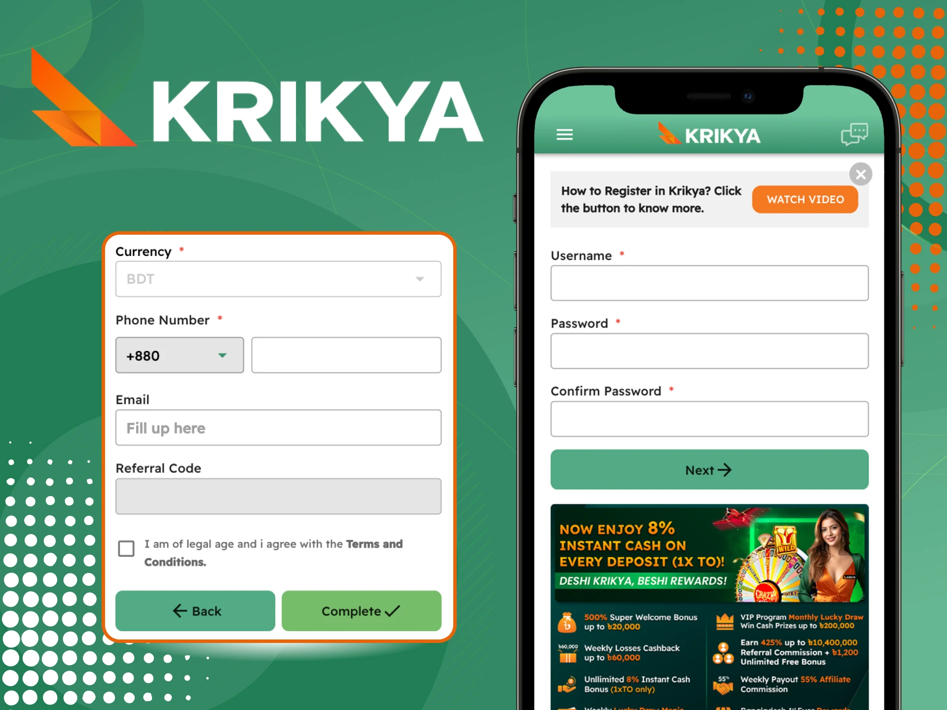 Create an account at Krikya online casino on your phone.