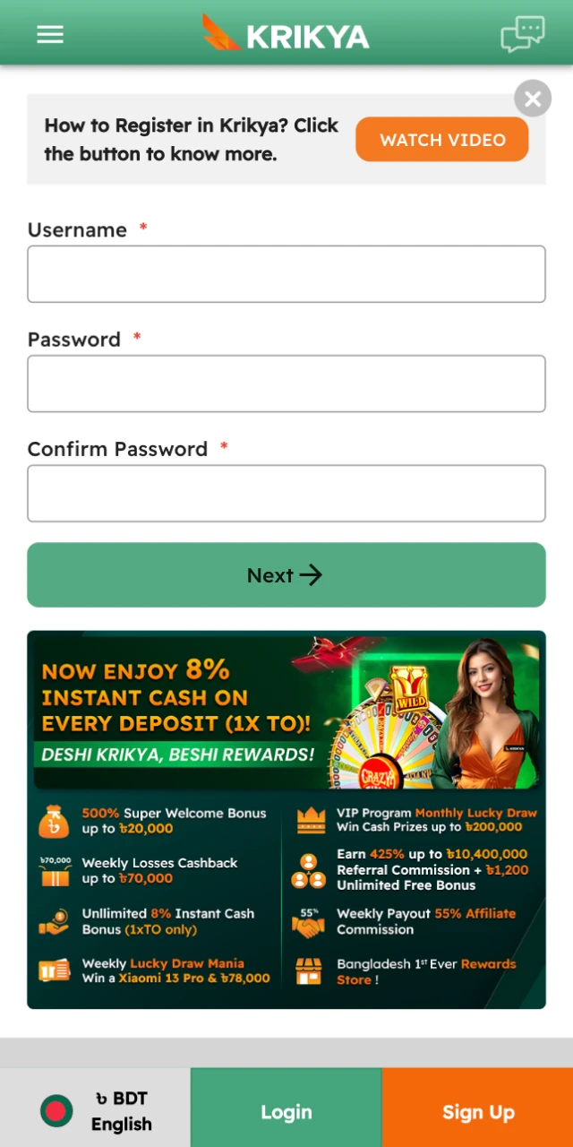 Register for the Krikya online casino app to receive your welcome bonus.